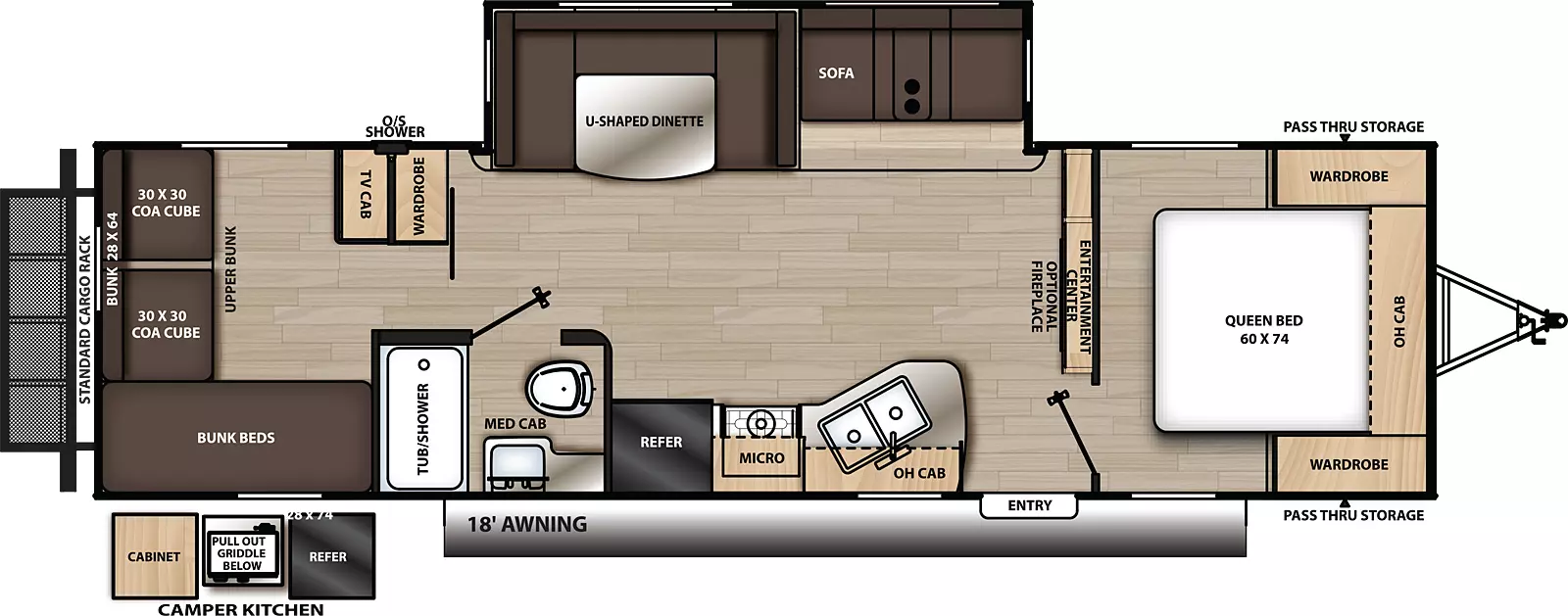 The 293QBCK has one slide out and one entry. Exterior includes an 18 foot awning, camper kitchen with cabinet, pull out griddle and refrigerator, front pass thru storage, outside shower, and rear cargo rack. Interior layout front to back: foot facing queen bed with overhead cabinet and wardrobes on each side; entertainment center along inner wall; off-door side slide out with sofa and u-shaped dinette; door side entry, kitchen counter with sink, overhead cabinet, cook top stove, microwave, and refrigerator; door side full bathroom with medicine cabinet; rear bunk room with door side bunk beds, wardrobe, rear COA cubes with upper bunk, and off-door side TV cabinet and wardrobe.