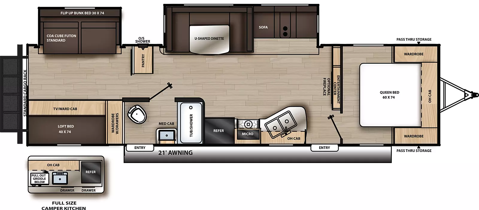 The 323BHDSCK has two slide outs and two entries. Exterior features a 21 foot awning, full size camper kitchen with pull out griddle, sink refrigerator, drawers and overhead cabinet, front pass-thru storage, outside shower, and rear cargo rack. Interior layout front to back: foot facing queen bed with overhead cabinet and wardrobes on each side; entertainment center along inner wall; off-door side slide out with sofa and u-shaped dinette; door side entry, kitchen counter with sink, overhead cabinet, cook top, microwave, and refrigerator; door side full bathroom with medicine cabinet and second entry; off-door side pantry; rear bunk room with off-door side slide out with COA cube futon with flip up bunk above, and door side loft bed with wardrobe/TV cabinet below and wardrobe with drawers. Optional fireplace available on living room entertainment center.