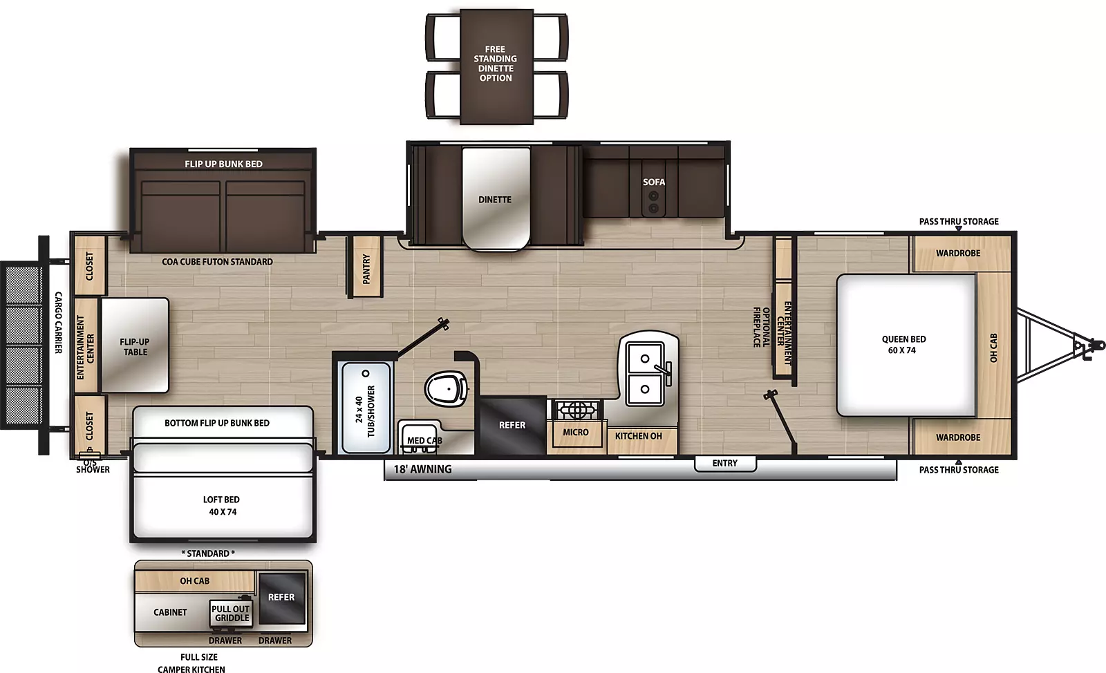 The 323QBTSCK has three slide outs and one entry. Exterior includes an outside shower, full size camper kitchen with cabinet, pull out griddle, refrigerator, drawers and overhead cabinet, 18 foot awning, front pass thru storage, and rear cargo carrier. Interior layout front to back: foot facing queen bed with overhead cabinet and wardrobe on each side; entertainment center along inner wall; off-door side slide out containing sofa and dinette, and a pantry; door side entry, peninsula kitchen counter wraps to door side with sink, overhead cabinet, cook top, microwave, and refrigerator; door side full bathroom with medicine cabinet; rear bunk room with off-door side slide out with COA Cube futon with upper flip up bunk bed, door side bottom flip up bunk bed with upper loft bed, and rear closets with entertainment center and flip up table. Optional free standing dinette available in place of standard dinette. Optional fireplace available on living room entertainment center.