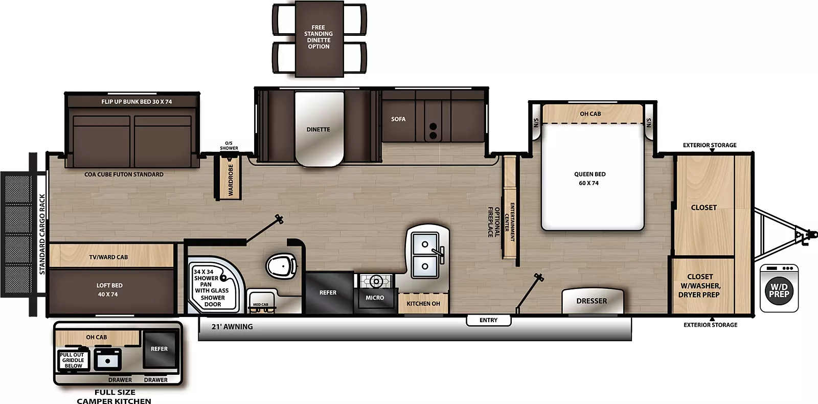 The 343BHTS has three slide outs and one entry. Exterior features a full size camper kitchen with pull out griddle, sink, drawers, refrigerator and overhead cabinet, 21 foot awning, front exterior storage, outside shower, and rear cargo rack. Interior layout front to back: closet with washer/dryer prep, off-door side queen bed slide out with overhead cabinet and night stands on each side, and door side dresser; entertainment center along inner wall; off-door side slide out with sofa and dinette, and wardrobe; door side entry, peninsula kitchen counter with sink wraps to door side with overhead cabinet, cook top, microwave, and refrigerator; door side full bathroom with medicine cabinet; and rear bunk room with door side lofted bed and TV/wardrobe below, and off-door side slide out containing COA cube futon and upper flip up bunk. Optional free standing dinette available in place of standard dinette. Optional fireplace available on living room entertainment center.