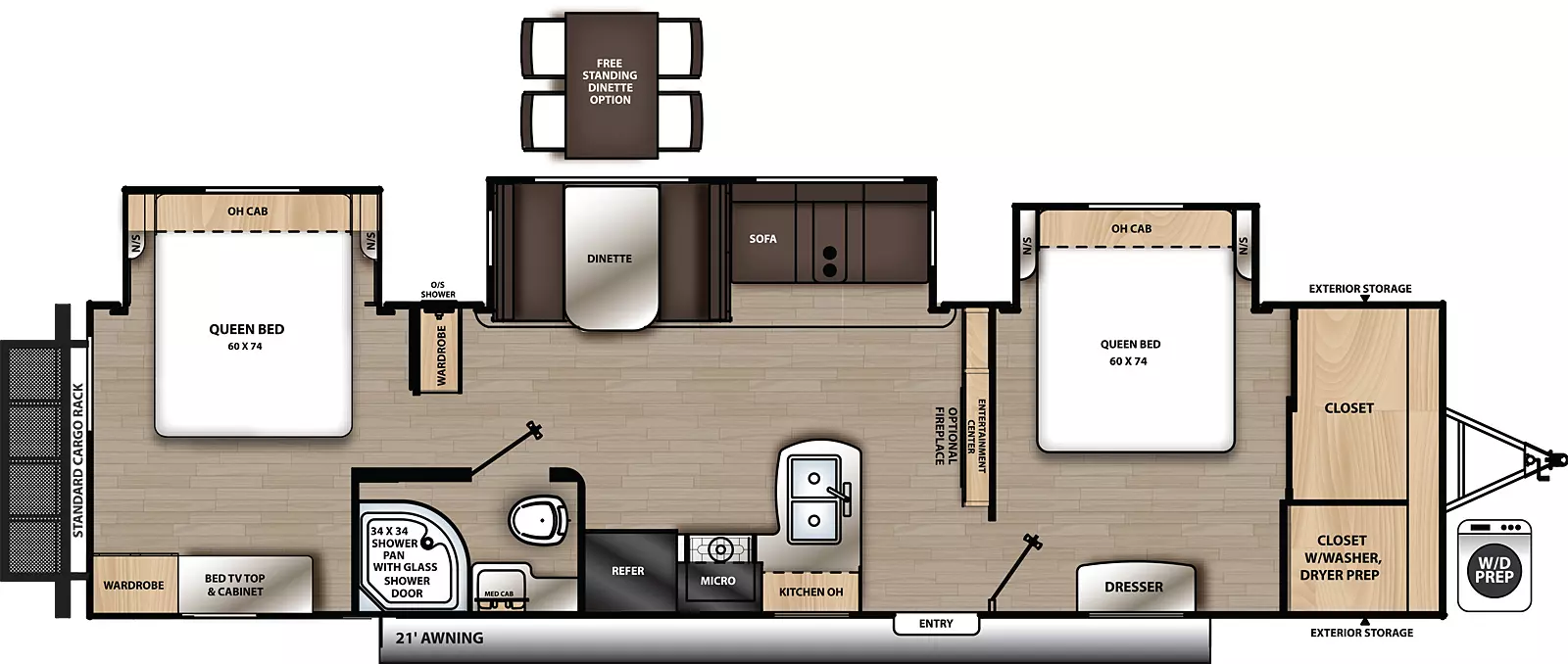 The 343BHTS2QB has three slide outs and one entry. Exterior features a 21 foot awning, front exterior storage, outside shower, and rear cargo rack. Interior layout front to back: closet with washer/dryer prep, off-door side queen bed slide out with overhead cabinet and night stands on each side, and door side dresser; entertainment center along inner wall; off-door side slide out with sofa and dinette, and wardrobe; door side entry, peninsula kitchen counter with sink wraps to door side with overhead cabinet, cook top, microwave, and refrigerator; door side full bathroom with medicine cabinet; rear bedroom with off-door side queen bed slide out with queen bed, overhead cabinet and night stands on each side, and door side cabinet, and wardrobe. Optional free standing dinette available in place of standard dinette. Optional fireplace available on living room entertainment center.
