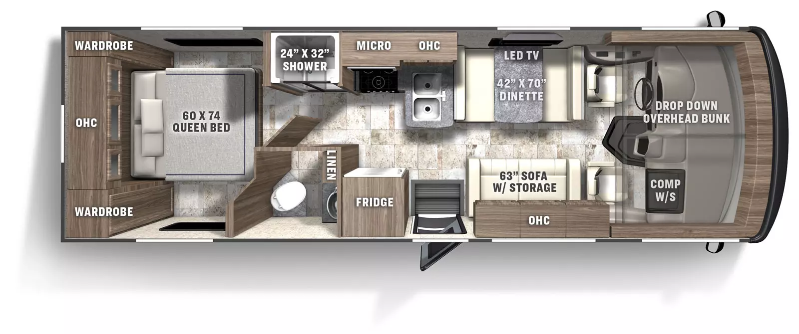 The Pursuit 27XPS has 0 slide outs and 1 entry door. Interior layout from front to back; front cockpit with drop down front bunk and computer work station on the door side; off-door side dinette with LED TV; door side sofa with storage and overhead cabinet; off door side kitchen with microwave above stovetop, double basin sink and overhead cabinet; refrigerator near to entry door; 24 inch by 32 inch shower separate from the bathroom on the off-door side, door side bathroom with toilet, sink and linen storage, rear bedroom with 60 inch by 74 inch foot facing queen bed with wardrobe on either side and an overhead cabinet. 