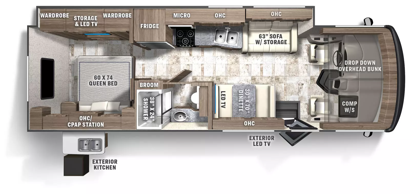 The Pursuit 29SS has 1 slide out located on the off-door side and 1 entry door. Interior layout from front to back; front cockpit with drop down front bunk and computer work station on the door side; door side dinette with LED TV and overhead cabinet; off-door side 63 inch sofa with storage and overhead cabinet; off door side kitchen with microwave above stovetop, double basin sink and overhead cabinet and refrigerator; door side bathroom with toilet, sink and broom storage and 38 inch by 24 inch shower, rear bedroom with 60 inch by 74 inch foot facing queen bed with overhead cabinet and CPAP station, off-door side wardrobe on either side of LED TV and storage. Optional Theater seating. Exterior door side LED TV and kitchen.