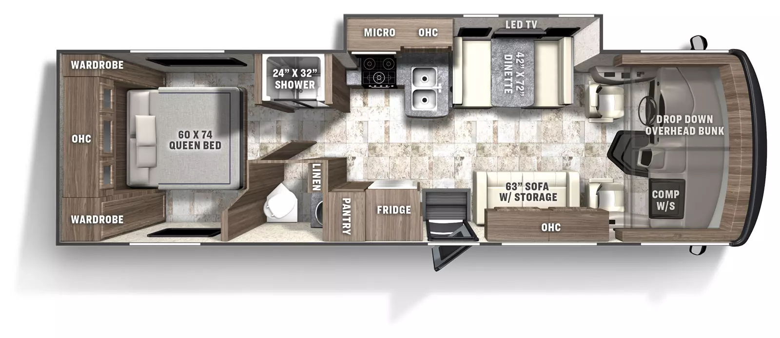 The Pursuit 29XPS has 1 slide out on the off-door side and 1 entry door. Interior layout from front to back; front cockpit with drop down front bunk and computer work station on the door side; off-door side 72 inch by 42inch dinette with LED TV; door side 63 inch sofa with storage; off door side kitchen with microwave above stovetop, double basin sink and overhead cabinet; refrigerator and pantry near to entry door; 24 inch by 32 inch shower separate from the bathroom on the off-door side, door side bathroom with toilet, sink and linen storage, rear bedroom with 60 inch by 74 inch foot facing queen bed with wardrobe on either side and an overhead cabinet. 