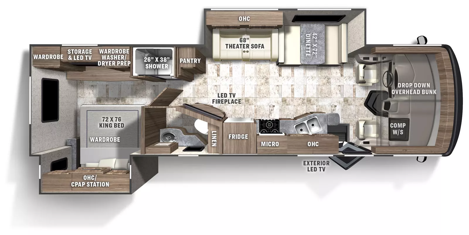 The Pursuit 31TS has 2 slide outs located on the off-door side and door side; 1 entry door. Interior layout from front to back; front cockpit with drop down front bunk and computer work station on the door side; near entry double basin sink with microwave above stovetop and refrigerator, LED TV and fireplace, off-door side 42 inch by 72 inch dinette, theater seating with overhead cabinets and a pantry; 26 inch by 38 inch shower separate from the bathroom on the off-door side, door side bathroom with toilet, rear bedroom with 70 inch by 74 inch foot facing king bed with overhead cabinet and CPAP station, off-door side wardrobe and storage with LED TV and wardrobe and washer and dryer prep. Exterior door side LED TV.