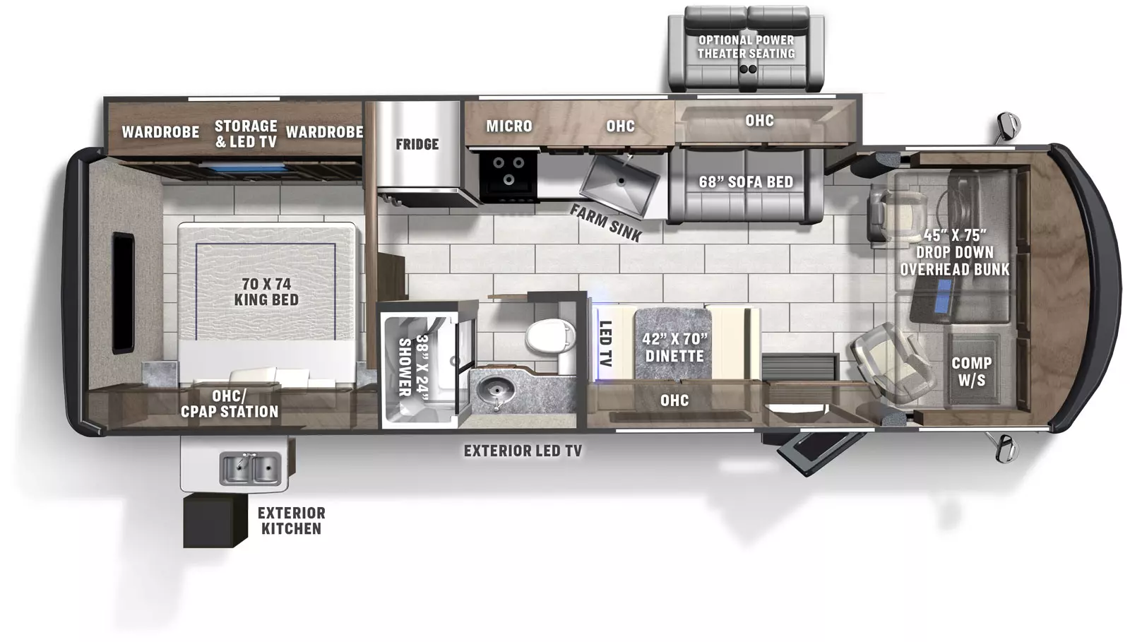 The Mirada 29FW has 1 slide out located on the off-door side and 1 entry door. Interior layout from front to back; front cockpit with drop down front bunk and computer work station on the door side; door side 42 in by 70 inch dinette with LED TV and overhead cabinet; off-door side 63 inch sofa with storage and overhead cabinet; off door side kitchen with microwave above stovetop, farm sink and overhead cabinets and refrigerator; door side bathroom with toilet, sink and 38 inch by 24 inch shower, rear bedroom with 70  inch by 74 inch foot facing King bed with overhead cabinet and CPAP station, off-door side wardrobe on either side of LED TV and storage. Optional Theater seating. Exterior door side LED TV and kitchen.