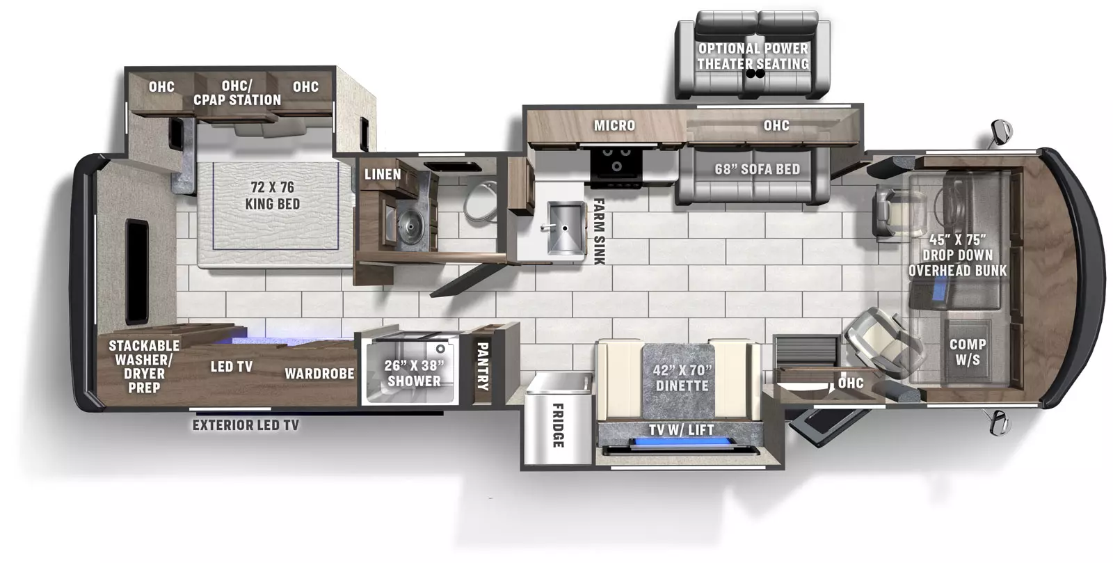 The Mirada 315KS has 3 slide outs, 2  located on the off-door side and 1 door side; 1 entry door with overhead cabinets. Interior layout from front to back; front cockpit with drop down front bunk and computer work station on the door side; door side 72 inch dinette and TV with lift; off-door side 68 inch sofa with bed and overhead cabinet; off door side kitchen with microwave above stovetop and farm sink and over head cabinets; door side fridge; 26 inch by 38  inch shower separate from the bathroom on the door side, off-door side bathroom with toilet, sink and linen storage; rear bedroom with off-door side 70 inch by 76 inch foot facing king bed with overhead cabinet and CPAP station, door side wardrobe and LED TV and washer and dryer prep. Exterior door side LED TV.
Screen reader support enabled.