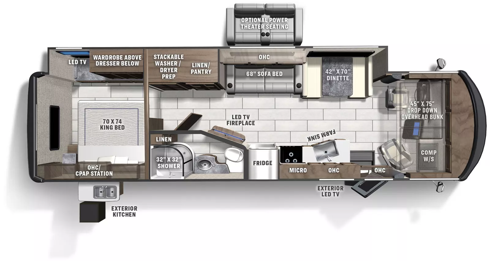 The Mirada 32LS has 1 slide out located on the off-door side and 1 entry door. Interior layout from front to back; front cockpit with drop down front bunk and computer work station on the door side; door side kitchen with farm sink near entry, microwave above stovetop and fridge; off-door side 74 inch dinette next to 78 inch sofa with bed and overhead cabinets; door side bathroom with 32 inch by 32 inch shower, linen closet, toilet and sink. Off-door side pantry and stackable washer and dryer prep;  rear bedroom with 70 inch by 74 inch foot facing king bed with overhead cabinet and CPAP station, door side wardrobe above dresser below and LED TV. Optional power theater seating. Exterior door side LED TV and kitchen.
Screen reader support enabled.