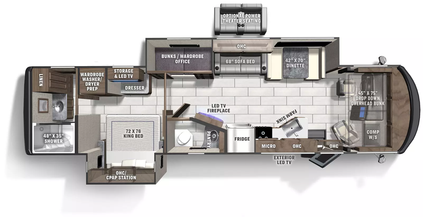 The Mirada 35ES has 2 slide outs located 1 on the off-door side and 1 door side; 1 entry door. Interior layout from front to back; front cockpit with drop down front bunk and computer work station on the door side; door side kitchen with farm sink near entry, microwave above stovetop and fridge; next to LED TV and fireplace; off-door side 42 inch by 70 inch dinette next to 68 inch sofa with bed; door side half bathroom with toilet and sink; off-door side bunk, office and wardrobe; rear bedroom with 72 inch by 76 inch foot facing king bed with overhead cabinet and CPAP station, off-door LED TV with storage and dresser and wardrobe and washer and dryer prep; rear second bathroom with door side 48 inch by 35 inch shower with toilet, sink and linen storage; Optional power theater seating. Exterior door side LED TV.