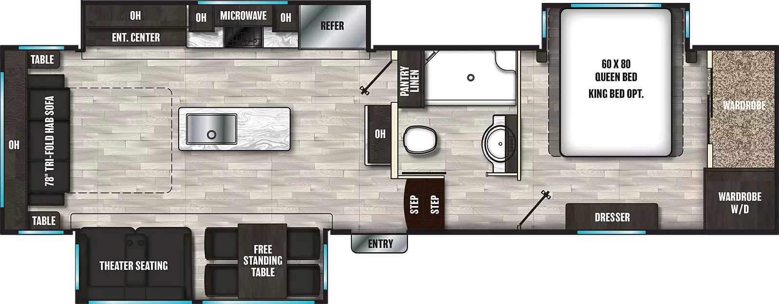 The 290RL has three slide outs and one entry. Interior layout front to back: front bedroom with off-door side queen bed slideout, front wardrobe with washer and dryer, and door side dresser; off-door side full bathroom; overhead cabinet and pantry/linen closet along inner wall; door side slide out containing free standing table, and theater seating; off-door side slide out containing refrigerator, kitchen counter, microwave, overhead cabinets, and entertainment center with overhead cabinet; kitchen island with sink; and rear tri-fold hide-a-bed sofa with side tables and overhead cabinet.