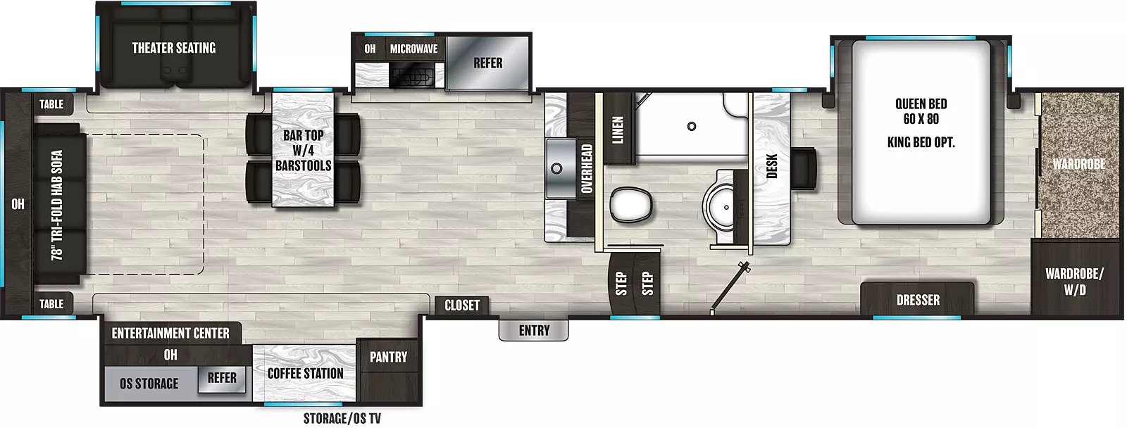 The 352RLD has four slideouts and one entry. Exterior features include refrigerator, overhead cabinet, storage and TV. Interior layout front to back: wardrobe with washer/dryer, off-door side queen bed slideout, door side dresser, and desk along inner wall; off-door side full bathroom with linen cabinet; two steps down to entry and closet; kitchen counter with sink and overhead cabinet along inner wall; off-door side slideout with refrigerator, microwave, overhead cabinet and cooktop; door side slideout with pantry, coffee station, and entertainment center; off-door side bar top with four bar stools; off-door side theater seating slideout; rear tri-fold hide-a-bed sofa with overhead cabinet and tables on each side. Optional king bed available in place of queen bed.