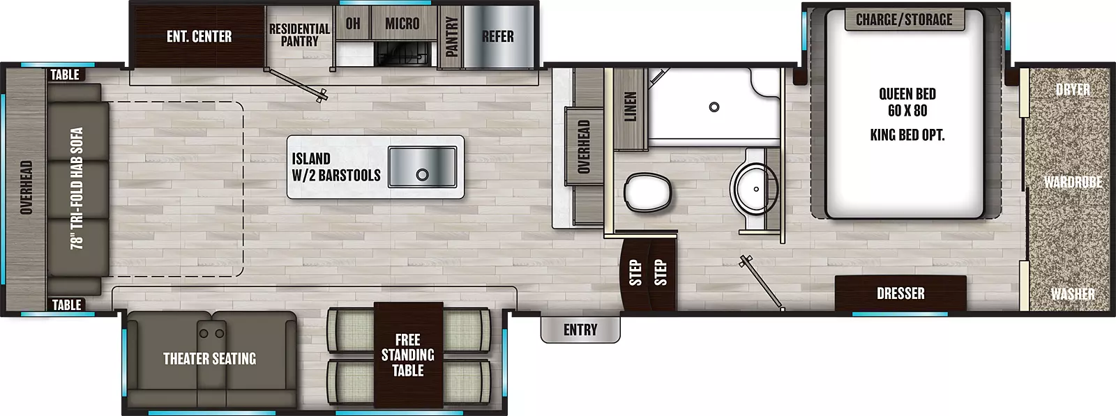 The 336TSIK has three slideouts and one entry. Interior layout front to back: front bedroom with off-door side queen bed slideout, front wardrobe with washer and dryer, and door side dresser; off-door side full bathroom with linen closet; two steps down to entry and main living area; counter and overhead cabinet along inner wall; kitchen island with two barstools and sink; off-door side slideout with refrigerator, pantry, microwave, countertop, residential pantry, and entertainment center; door side slideout with free-standing table and theater seating; rear tri-fold hide-a-bed sofa with overhead cabinet and tables on each side.