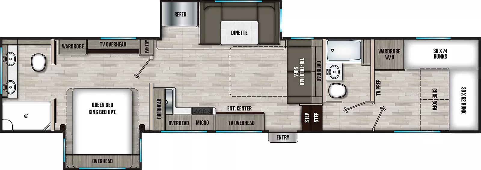 The 355FBX has two slideouts and one entry. Interior layout front to back: front bunk room front bunk with hide-a-bed cube sofa below, off-door side bunks and wardrobe with washer/dryer, and TV prep along inner wall; off-door side full bathroom; two steps down to entry and main living area; tri-fold hide-a-bed sofa with overhead cabinet; off-door side slideout with dinette and refrigerator, and a pantry; door side entertainment center with TV overhead, microwave, and kitchen counter that wraps along inner wall with overhead cabinets; bedroom with door side queen bed slideout with overhead cabinet, and off-door side wardrobe and TV overhead; rear full bathroom. Optional king bed available in place of queen bed.