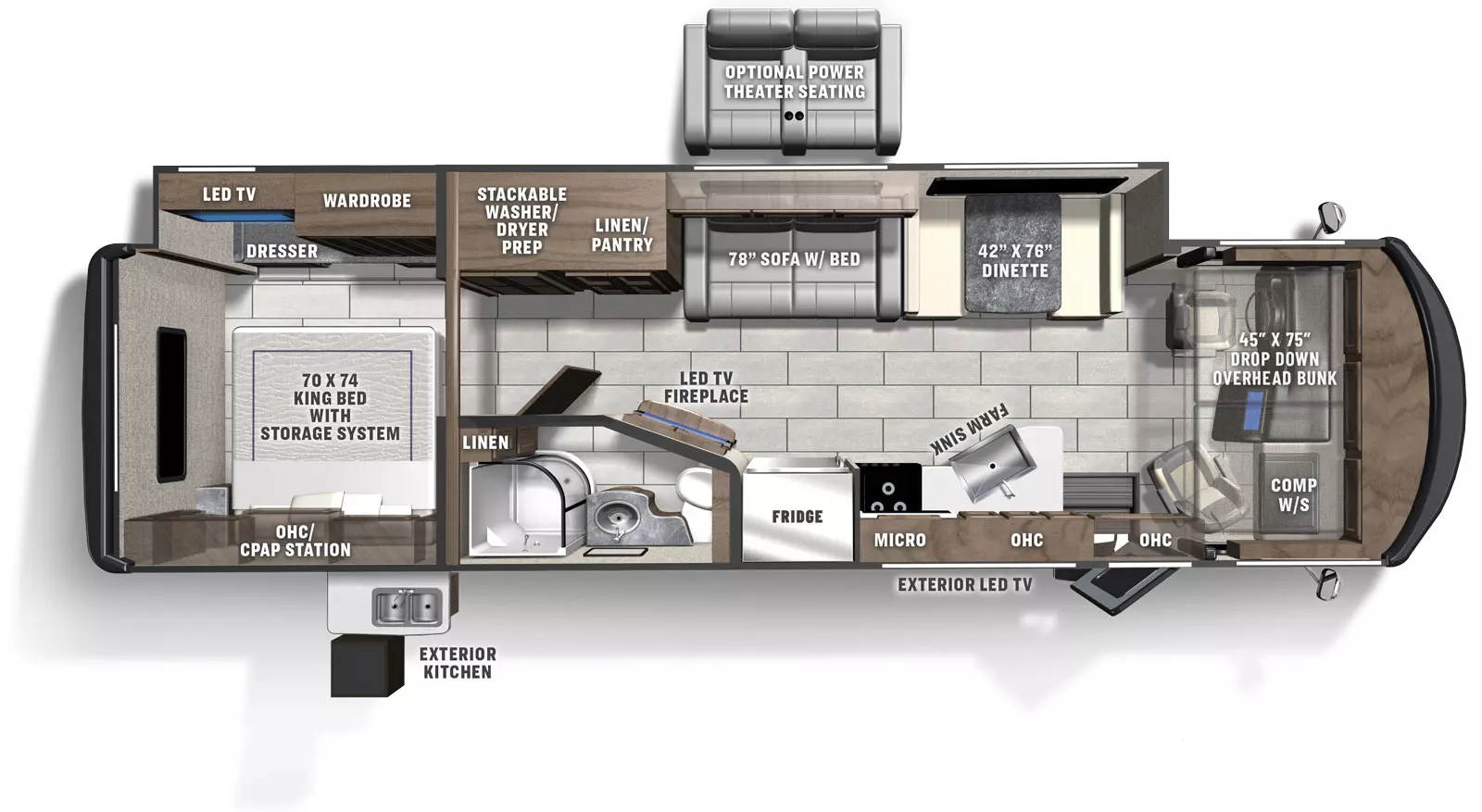 RV Business 2021 Must See RV. The Encore 325SS has 1 slide out located on the off-door side and 1 entry door. Interior layout from front to back; front cockpit with drop down front bunk and computer work station on the door side; door side kitchen with farm sink near entry, microwave above stovetop and fridge; off-door side 76 inch dinette next to 78 inch sofa with bed and overhead cabinets; door side LED TV and Fireplace next to the bathroom with shower, toilet, sink and linen closet; off-door side linen and panty and stackable washer and dryer option; rear bedroom 70 inch by 74 inch foot facing king bed with storage system and overhead cabinet and CPAP station, door side LED TV with wardrobe and dresser. Optional power theater seating. Exterior door side LED TV and kitchen.