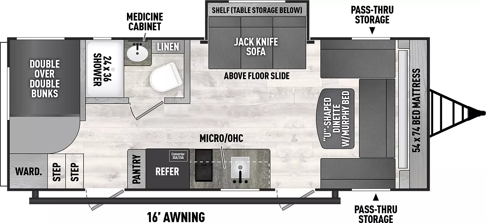 The 252DBUS has one slideout and two entries. Exterior features include front pass through storage and 16 foot awning. Interior layout front to back: u-shape dinette with murphy bed; off-door side jack knife sofa above floor slideout with shelf and table storage below; door side entry, kitchen counter with sink and cooktop, overhead cabinet and microwave, refrigerator with 30A/35A Converter, pantry, and second entry; off-door side full bathroom with medicine cabinet and linen closet; rear double over double bunks with steps to upper bunk and wardrobe.