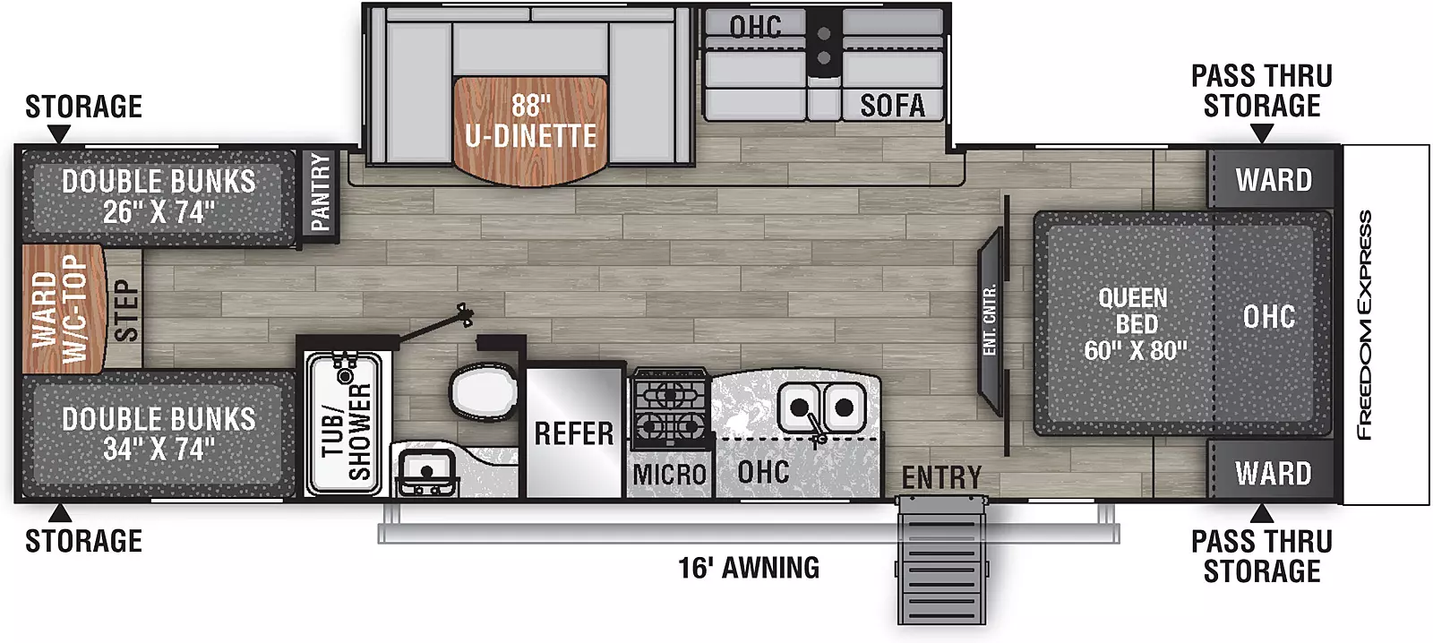 The 29SE has one slide out on the off-door side and one entry door on the door side. Interior layout from front to back: front bedroom with foot facing queen bed. Kitchen living dining area with entertainment center and slide out on the off-door side containing U-shaped dinette and sofa with cabinets overhead. On the door side: double basin sink, sink and refrigerator with the microwave and cabinets overhead. Side allies bathroom is located on the door side, pantry is located on the off-door side. Located at the rear two bunks on the off-door side and two bunks on the door side with wardrobe storage in the middle. 