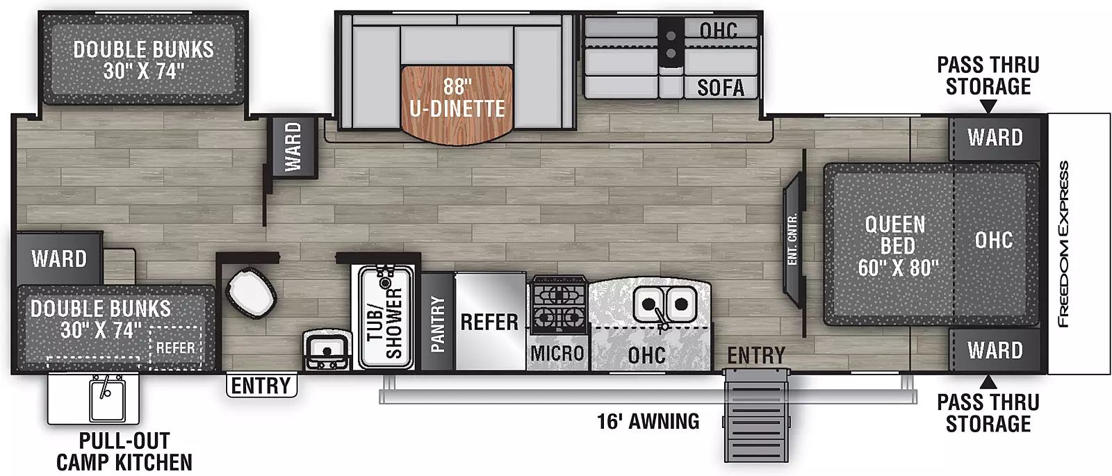 The 31SE has two slide outs on the off-door side and two entry doors located on the door side. Interior layout from front to back: front bedroom with foot facing queen bed, entertainment center. Kitchen living dining area with slide out containing U-shaped dinette and sofa with overhead cabinets. On the door side: double basin sink, stove refrigerator and pantry with cabinets and microwave overhead. Side aisle bathroom on the door side with entry door. Rear bunkhouse with slide out on the off- door side containing double bunks and double bunks on the door side with wardrobe storage. Camp kitchen is located on the exterior door side. 