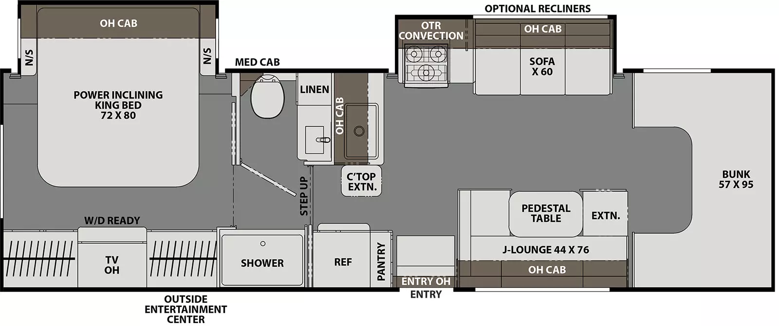 The 330DS has 2 slide outs, both on the off-door side. Exterior features include an Outside Entertainment Center. Interior layout from front to back includes a 57 x 95 cab over bunks; off-door slide out with stove top, sofa, over the range convection microwave, optional recliners; door-side 44 x 76 J-lounge with pedestal table and overhead cabinet; pantry near entry door; door side refrigerator; step up into rear of the coach; door side shower across from the bathroom; bathroom with toilet, medicine cabinet, linen and vanity; rear bedroom with off-door side slide out holding a power inclining 72 x 80 King Bed, nightstands and overhead cabinet; wardrobe across from the bed that washer/dryer ready with TV overhead.