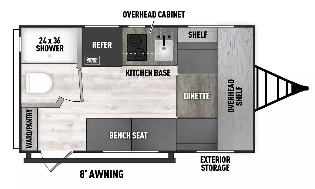 The 14CR has zero slideouts and one entry. Exterior features storage and 8 foot awning. Interior layout front to back: dinette with shelf on off-door side and overhead shelf; off-door side kitchen base with overhead cabinet and refrigerator with 30A/50A Converter; door-side bench seat, entry, and rear wardrobe/pantry; rear off-door side toilet and shower.