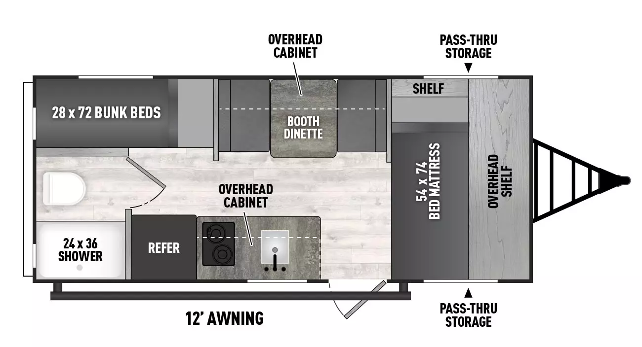 The 17CBH has zero slideouts and one entry. Exterior features front pass-through storage and 12 foot awning. Interior layout front to back; bed mattress with off-door side shelf, and overhead shelf; off-door side dinette and overhead cabinets; door side entry, kitchen counter with sink and cooktop, overhead cabinets and refrigerator; rear off-door side bunk beds; rear door side toilet and shower.