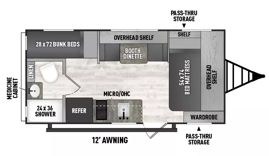 The 18BH has one entry and zero slideouts. Exterior features include front pass through storage and 12 foot awning. Interior layout front to back: Bed mattress with overhead shelf, off-door side shelf, and door side wardrobe; off-door side booth dinette with overhead shelf; door side entry, kitchen counter with sink and cooktop, overhead cabinet and microwave, and refrigerator; rear off-door side bunk beds; rear door side full bathroom with medicine cabinet and linen closet.