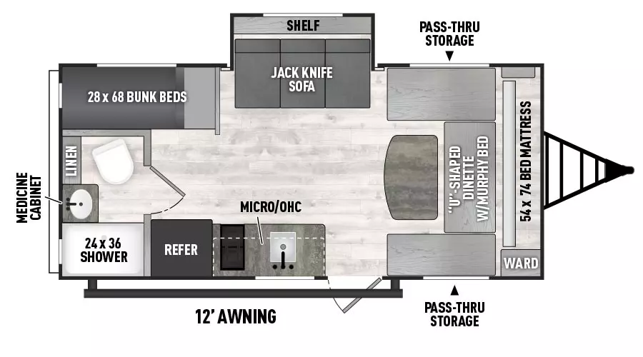 The 18BHS has one slideout and one entry. Exterior features front pass through storage and 12 foot awning. Interior layout front to back: u-shaped dinette with murphy bed and door side wardrobe; off-door side jack knife sofa slideout with shelf above; door side entry, kitchen counter with sink and cooktop, overhead cabinet and microwave, and a refrigerator; off-door side rear bunk beds; door side rear full bathroom with medicine cabinet.