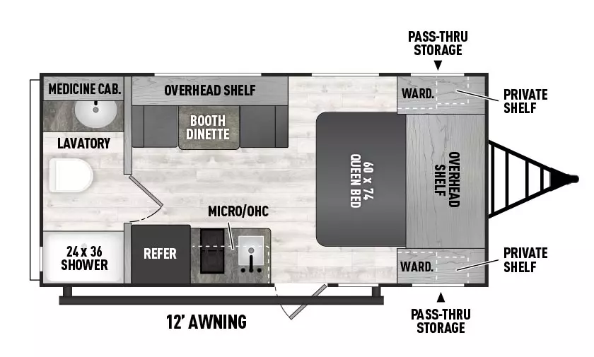 The 18FQ has zero slideouts and one entry. Exterior features front pass through storage, and 12 foot awning. Interior layout front to back: queen bed with overhead shelf, and wardrobe with private shelf on either side; off-door side booth dinette and overhead shelf; door side entry, kitchen counter with sink and cooktop, overhead cabinet and microwave, and refrigerator; rear full bathroom with medicine cabinet.