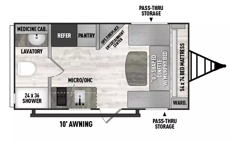 The 162RBU has zero slideouts and one entry. Exterior features front pass through storage and 10 foot awning. Interior layout front to back: u-dinette with murphy Bed and wardrobe on door side; off-door side angled entertainment center with optional fireplace, a pantry and refrigerator; door side entry, kitchen counter with sink and cooktop, overhead cabinets, and microwave; rear full bathroom medicine cabinet.