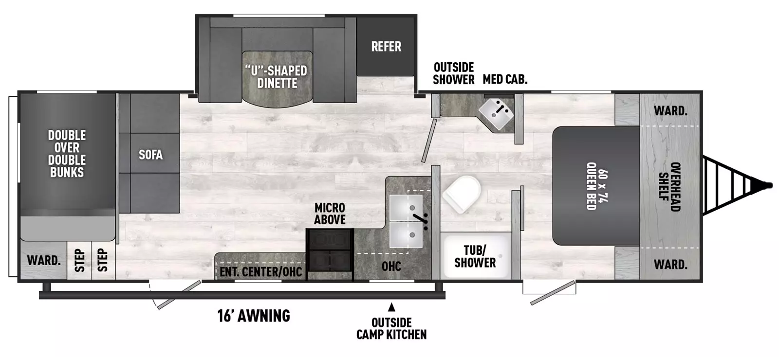 The 262BHS has one slideout and one entry. Exterior features outside shower, outside camp kitchen, and 16 foot awning. Interior layout front to back: queen bed with overhead shelf and wardrobes on both sides; pass through full bathroom with medicine cabinet, and sink on off-door side, and toilet and tub/shower on door side; kitchen counter wraps along inner wall to door side with sink, and cooktop, overhead cabinet and microwave, entertainment center and entry; off-door side slideout with refrigerator and u-dinette; rear sofa in front of double over double bunks with steps and wardrobe.