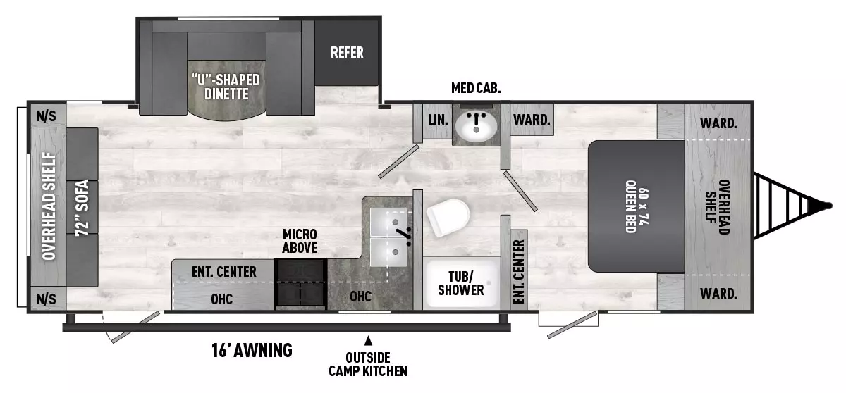 The 272RLS has one slideout and two entry doors. Exterior features outside camp kitchen and 16 foot awning. Interior layout front to back: queen bed with overhead shelf, wardrobes on each side, wardrobe on off-door side, entry on door side, and entertainment center along inner wall; pass through full bathroom with linen closet, medicine cabinet and sink on off door side, and toilet and tub/shower on door side; off-door side slideout with refrigerator and u-dinette; kitchen counter wraps along inner wall to door side with sink and cooktop, overhead cabinet and microwave, entertainment center, and entry; rear sofa with overhead shelf and night stands on either side.