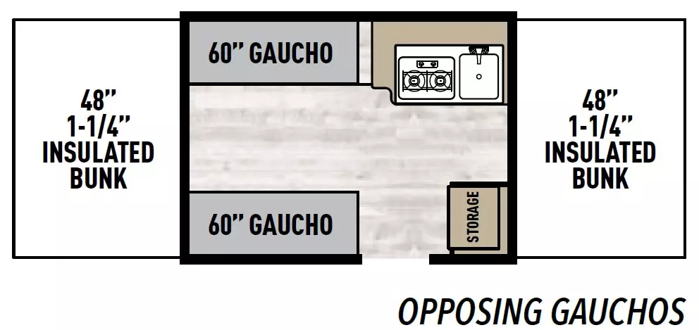 The 806XLS has no slide outs and 1 entry door. Interior layout from front to back includes a front 48 inch 1-1/4 inch thick insulated bunk; off-door side kitchen with 2-burner stovetop and sink; storage near entry door; opposing side 60 inch gauchos; and a rear 48 inch 1-1/4 inch thick insulated bunk.