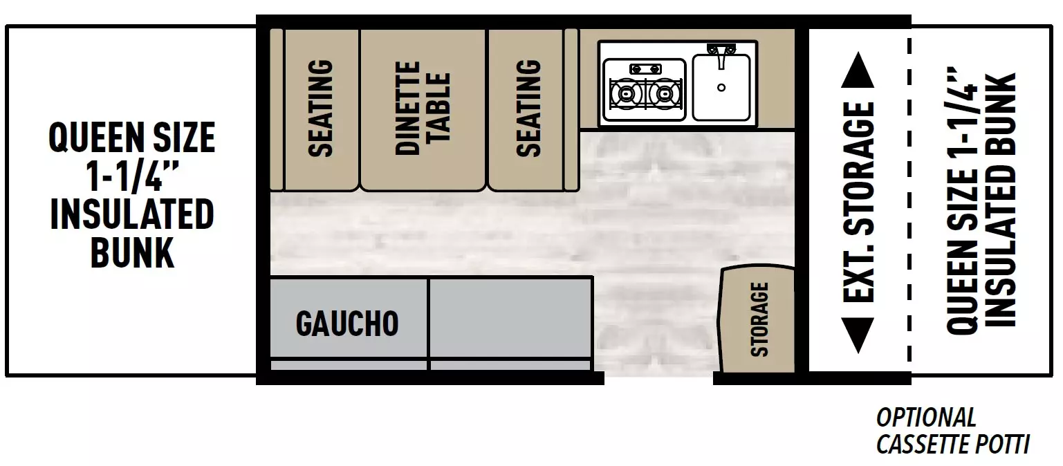 The 108ST has no slide outs and 1 entry door. Exterior feature includes exterior storage. Interior layout from front to back includes a front insulated 1-1/4 inch Queen size bunk; storage near the entry door; off-door side kitchen with 2-burner stovetop and sink; door-side gaucho; off-door side dinette, and a rear insulated 1-1/4 inch Queen size bunk.