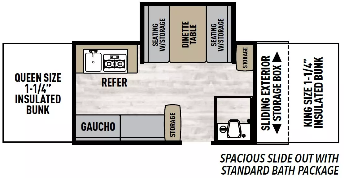 The 1285SST has 1 slide out on the off-door side and 1 entry door. Exterior feature includes a front sliding exterior storage box. Interior layout from front to back includes a front insulated 1-1/4 inch King size bunk; bathroom package; off-door side slide out holding a dinette table with storage under the seats; rear off-door side kitchen with sink and 2-bunrer stovetop. door side gaucho with storage at the foot; and a rear insulated 1-1/4 inch Queen size bunk.