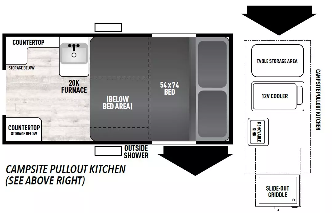 The Explore 9.0 TD has no slide outs and 1 rear entry door. Exterior features include fenders, an outside shower, and pull-out camp-side kitchen with table storage area, 12V cooler, removable sink and slide out griddle; left rear corner countertop with storage below; left side sink with 20K furnace below it; right side countertop with storage below.