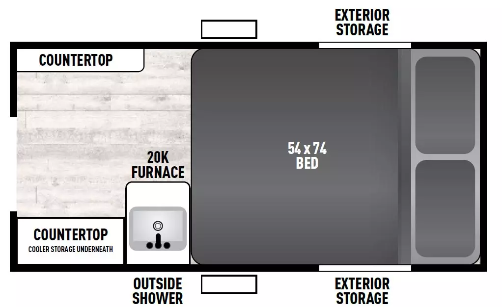 The Express 9.0 TD has no slide outs and 1 rear entry door. Exterior features include an outside shower, fenders and exterior storage. Interior layout from front to back includes a foot-facing 54 x 74 bed, left side rear corner countertop, right side countertop with cooler storage underneath, and sink with 20K furnace under it.