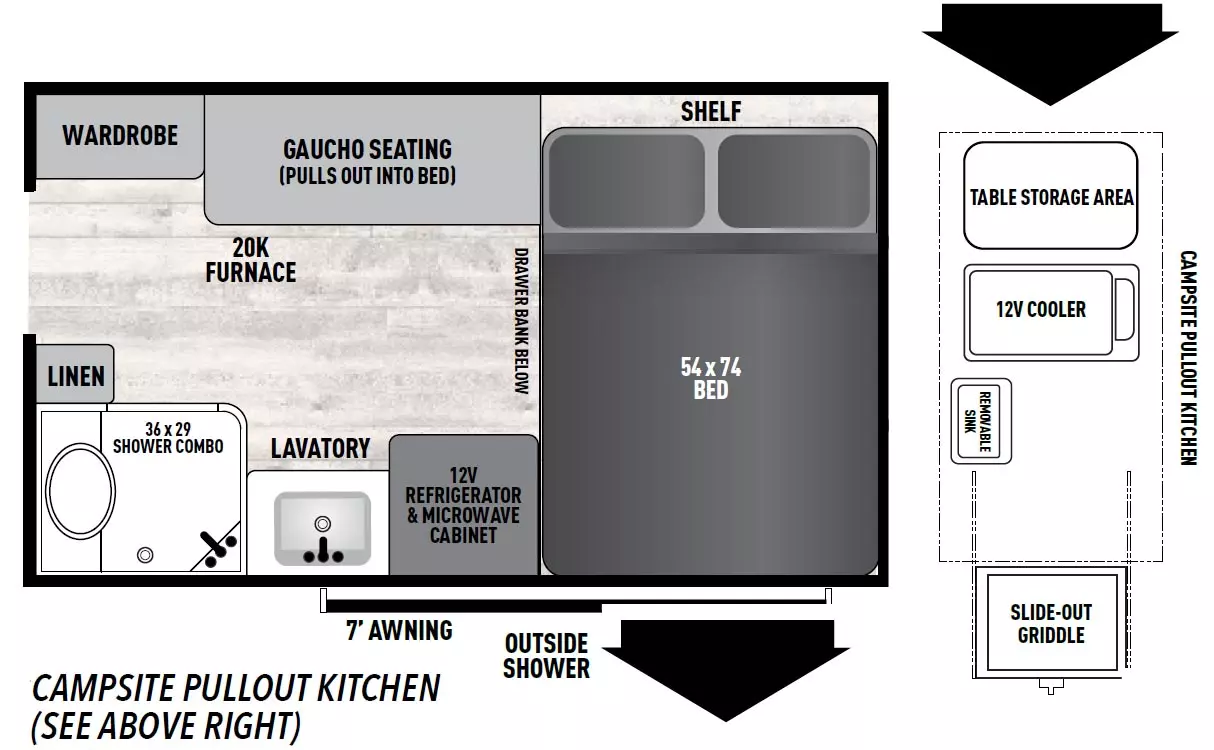 The 12.0 TD PRO has no slide outs and 1 rear entry door. Exterior features include a 7 ft. awning, outisde shower and camp-side pull-out kitchen with table storage area, 12V cooler, removable sink and slide-out griddle. Interior layout from front to back includes a front wall 54 x 74 bed with shelf above; left side gaucho seating that folds out into a bed with 20K furnace below; left rear corner wardrobe; right side 12V refrigerator and microwave cabinet, right side lavatory, right side 34 x 29 shower combo with linen storage.