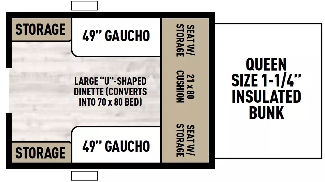 The 806LS has no slide outs and 1 rear entry door. Exterior features include fenders. Interior layout from front to back includes a flip out front 1-1/4 inch thick queen size bunk; 21 x 80 cushion with storage below; opposing side 49 inch gauchos; large U-Shaped dinette that converts into a 70 x 80 bed; opposing side rear corner storage.