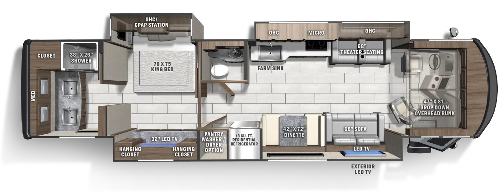 The 411TS has three slide outs and one entry door. Exterior features an exterior LED TV. Interior layout front to back: front cockpit with drop down overhead bunk; off-door slide out with theater seating and overhead cabinet, kitchen counter with cooktop and farm sink, overhead cabinets, and microwave; door-side slideout with sofa with LED TV above, dinette, residential refrigerator, pantry with washer/dryer option, and extends into the bedroom with an LED TV with hanging closets on each side; off-door side half bathroom; off-door side king bed slideout with overhead cabinet and C-PAP station; rear full bathroom with closet, and double sinks with medicine cabinets above.