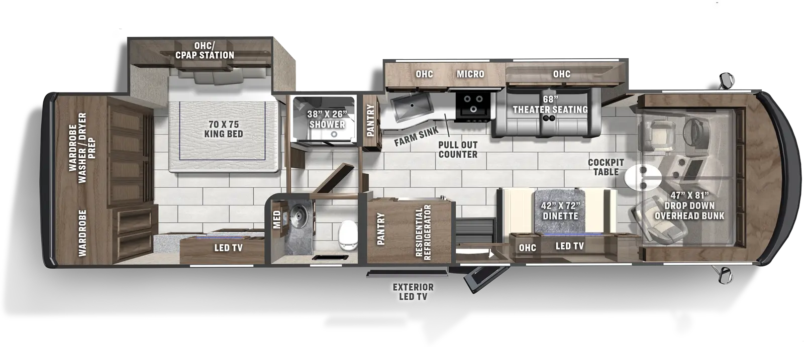 The 339DS has two slideouts and one entry door. Exterior features an exterior LED TV. Interior layout front to back: front cockpit with cockpit table and drop down overhead bunk; off-door side slideout with theater seating with overhead cabinet, kitchen counter with cooktop, farm sink, pull-out counter, overhead cabinet and microwave, and a pantry; door side dinette with LED TV and overhead cabinets, entry door, residential refrigerator, and pantry; pass-through full bathroom with medicine cabinet; rear bedroom with off-door side king bed slideout with overhead cabinet and CPAP station, door side LED TV, and full rear wardrobes with washer and dryer prep.