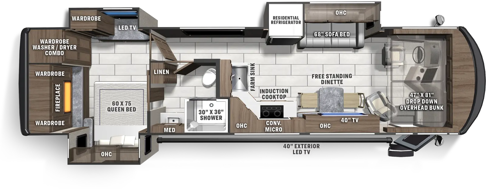 The 341SA has three slideouts and one entry. Exterior features an LED TV. Interior layout front to back: Drop down overhead bunk above front cab, and entry; off-door side slideout with sofa bed, overhead cabinet and residential refrigerator; door side free-standing dinette, TV and overhead cabinet; door side kitchen counter with induction cooktop, microwave above, overhead cabinet, wraps to inner wall with farm sink; door side full pass-through bathroom with linen closet and medicine cabinet; rear bedroom with off-door side slideout with LED TV and wardrobe, door side slideout with queen bed and overhead cabinet, and rear fireplace with wardrobes on each side, with washer/dryer combo.