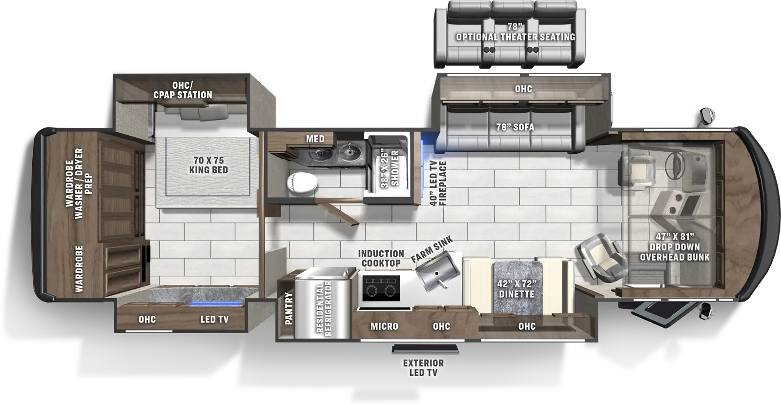 The 354QS has four slideouts and one entry door. Exterior features exterior LED TV. Interior layout front to back: drop down overhead bunk above entry and cockpit; off-door side sofa with overhead cabinets, and LED TV with fireplace along inner wall; door side slideout with dinette, overhead cabinets, kitchen counter with farm sink, induction cooktop, overhead cabinet, microwave, residential refrigerator, and pantry; off-door side full bathroom with double sinks and medicine cabinet; rear bedroom with off-door side king bed slideout with overhead cabinet and CPAP station, door side slideout with LED TV and overhead cabinets, and full rear wardrobes with washer/dryer prep. Optional theater seating in place of sofa.