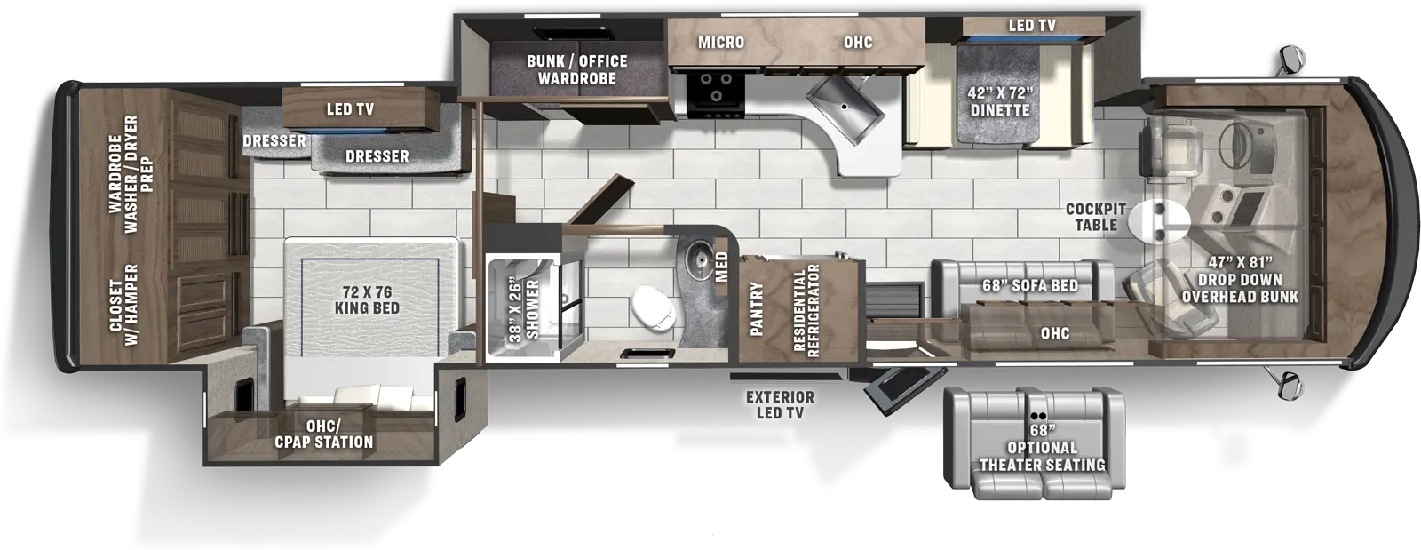 The 376ES has two slideouts and one entry door. Exterior features an exterior LED TV. Interior layout front to back: front cockpit table and drop down overhead bunk; off-door side slideout with dinette with LED TV above, peninsula kitchen counter that wraps to off-door side with sink, cooktop, overhead cabinet, microwave, and bunk/office wardrobe; door side sofa bed with overhead cabinet, entry door, residential refrigerator, and pantry; door side full bathroom with medicine cabinet; rear bedroom with door-side king bed slideout  with overhead cabinet and CPAP station, off-door side dressers with LED TV above, and rear wall closet/wardrobe with hamper and washer/dryer prep. Optional theater seating in place of sofa bed.