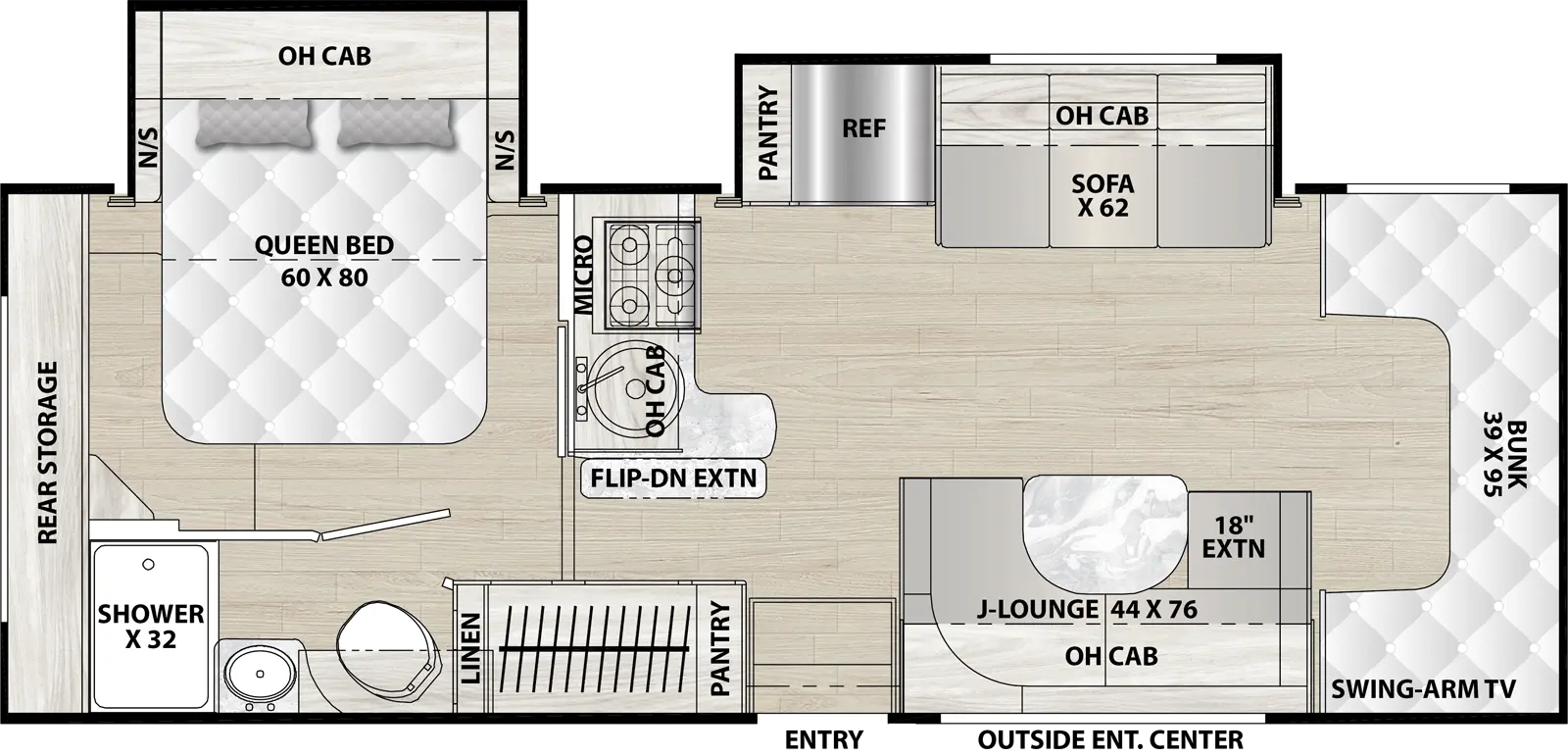 The Cross Trail 26XG has 2 slideouts, 2 on off-door side and 0 on door side and 1 entry door.  Interior layout from front to back;  front 39 inch by 95 inch bunk with a swing arm TV; door side  40 inch by 76 inch J-Lounge with 18 inch extension with overhead cabinets near entry; off-door side 62 inch sofa with overhead cabinets; next to refrigerator and pantry with wrap around kitchen, stovetop with microwave, overhead cabinets, single sink and flip down cabinet extension; door side pantry near entry;  rear off-door side bedroom 60 inch by 80 inch foot facing queen bed with overhead cabinets and nightstands on either side; rear storage; rear door side bathroom shower, sink, toilet with linen.