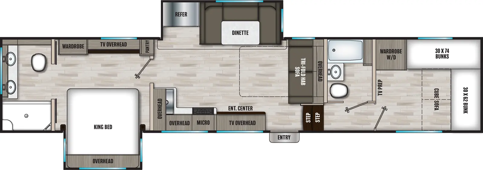 The 355FBX has two slideouts and one entry. Interior layout front to back: front bunk room front bunk with cube sofa below, off-door side bunks and wardrobe with washer/dryer, and TV prep along inner wall; off-door side full bathroom; two steps down to entry and main living area; tri-fold hide-a-bed sofa with overhead cabinet along inner wall; off-door side slideout with dinette and refrigerator, and a pantry; door side entertainment center with TV overhead, microwave, and kitchen counter that wraps along inner wall with overhead cabinets; bedroom with door side king bed slideout with overhead cabinet, and off-door side wardrobe and TV overhead; rear full bathroom with dial sinks.