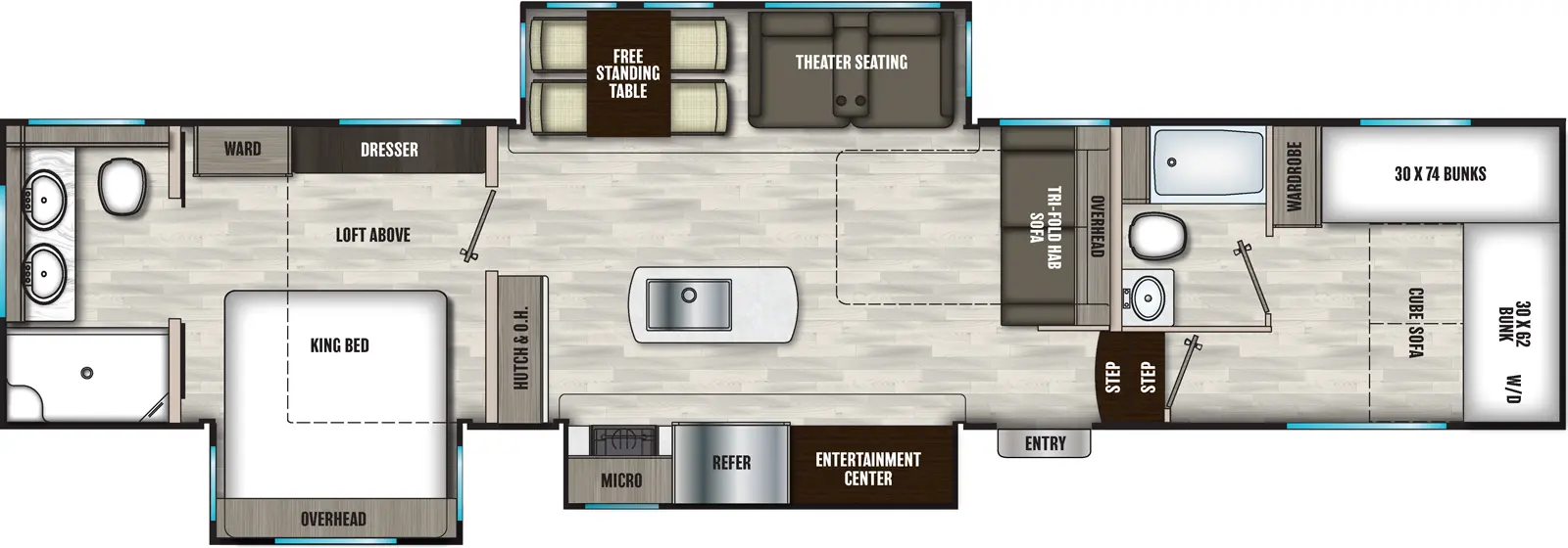 The 375BAF has three slideouts and one entry. Interior layout front to back: bunkroom with cube sofa below and bunk above, off-door side bunks, wardrobe, and full bathroom; two steps down to entry and main living area; tri-fold hide-a-bed sofa with overhead cabinet along inner wall; off-door side slideout with theater seating and free-standing table; kitchen island with sink; door side slideout with entertainment center, refrigerator, microwave and counter; hutch and overhead cabinet along inner wall; loft above rear bedroom; bedroom with door side king bed slideout with overhead cabinet, and off-door side dresser and wardrobe; rear full bathroom with dual sinks.