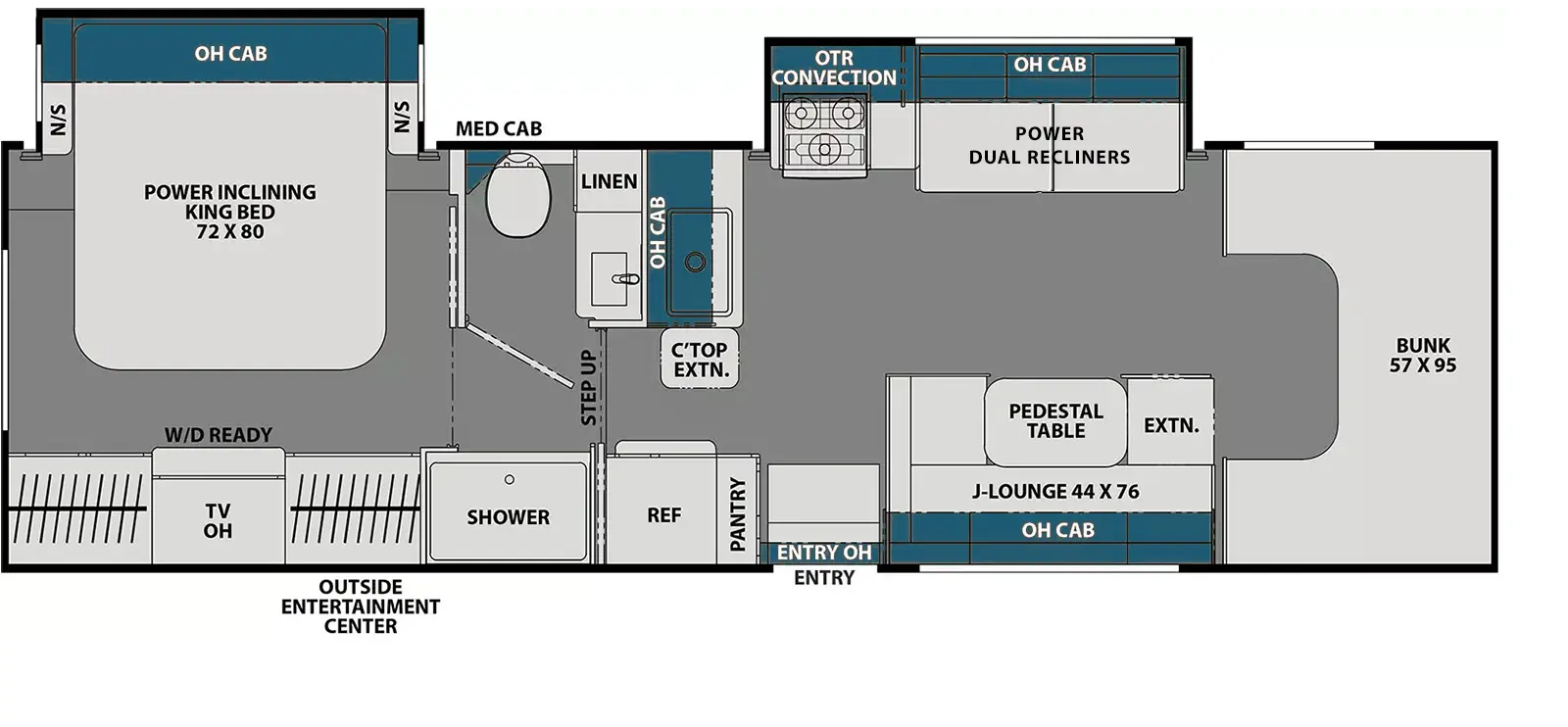 The 330DS has 2 slide outs, both on the off-door side. Exterior features include an Outside Entertainment Center. Interior layout from front to back includes a 57 x 95 cab over bunks; off-door slide out with stove top, sofa, over the range convection microwave, optional recliners; door-side 44 x 76 J-lounge with pedestal table and overhead cabinet; pantry near entry door; door side refrigerator; step up into rear of the coach; door side shower across from the bathroom; bathroom with toilet, medicine cabinet, linen and vanity; rear bedroom with off-door side slide out holding a power inclining 72 x 80 King Bed, nightstands and overhead cabinet; wardrobe across from the bed that washer/dryer ready with TV overhead.