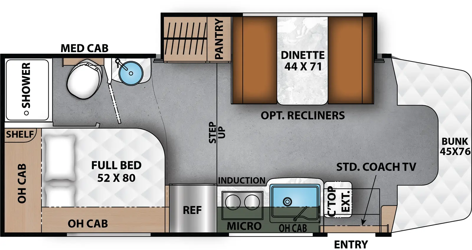 The Prism 24CB has one entry and one slide out. Exterior features include: 14' awning and outside entertainment. Interiors features include: rear bedroom, bathroom and a half, bunk over cab and u-dinette.