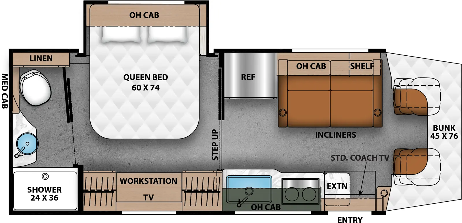 The Prism 26RB has one entry and one slide out. Exterior features include: 14' awning and outside entertainment. Interiors features include: rear bathroom, bathroom and a half and bunk over cab.
