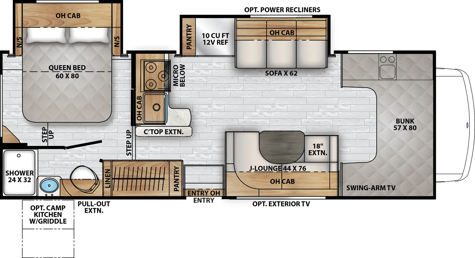 The Freelander 26DS floorplan has one entry and two slide outs. Exterior features include: 18' awning and outside entertainment. Interiors features include: rear bedroom and bunk over cab.