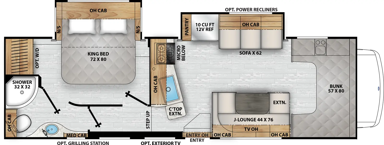 The Freelander 30KB floorplan has one entry and two slide outs. Exterior features include: 21' awning and outside entertainment. Interiors features include: bunk over cab.